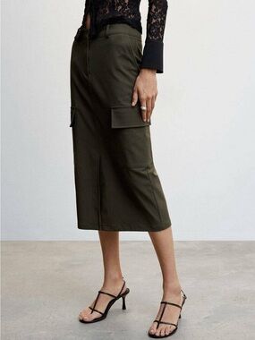 MNG Mango Army Green Utility Pencil Midi Skirt Size USA 12
